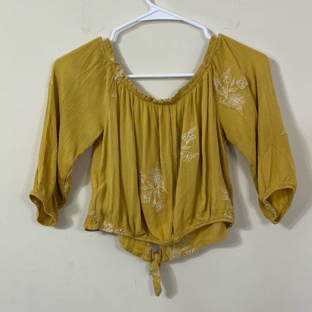 Rebellion Mustard White Flower Embroidered Off The Shoulder Cropped Front Tie S - Picture 8 of 8